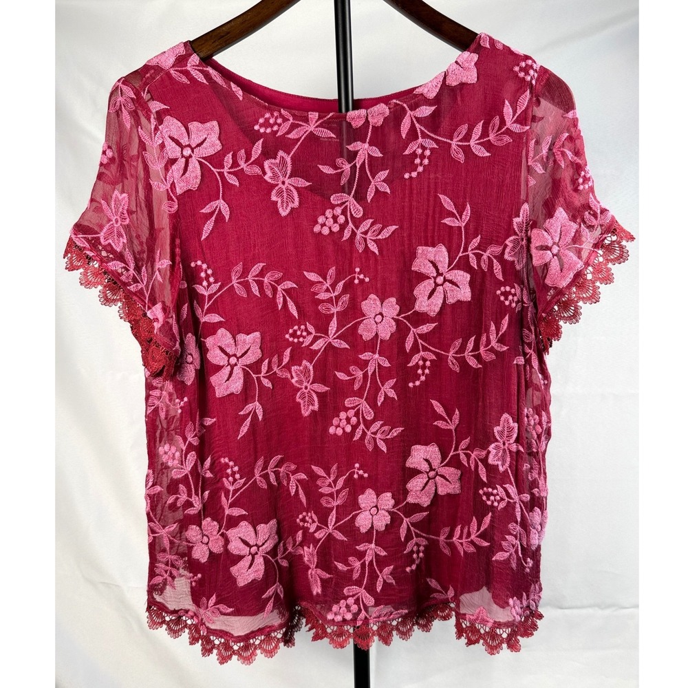 Soft Surroundings Womens Medium Berry Silk Floral Embroidered Lace Trim Boho Top